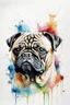Placeholder: A minimalist portrait of a pug, loose watercolour, wet on wet and splattering and dripping techniques, soft colours, centred, perfect composition, abstraction,