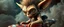 Placeholder: close up portrait with skin texture, hairy macho disco gremlin alien pimp Homunculus – living in a hi tech marvellous hot dog art graphics and gems on rocket with a mounted sling shot mega harpoon, heading for venus , background motion blur and smoke swirls