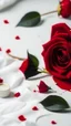 Placeholder: blonde hair strands cuts . white fabric background. measuring tape .drops of blood.red rose.cinematic