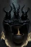 Placeholder: 3 black witches with demon horns standing over a cauldron their faces are hidden under large hoods