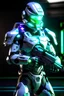 Placeholder: Futuristic soldier that heavily resembles a Galactic Federation Marine from Metroid Prime 3, his armor is white and resembles the E.M.M.I from Metroid Dread, he has a futuristic rifle with a purple and green glow.