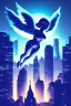 Placeholder: A flying angel over the tall buildings in a city at deep blue night.