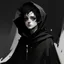 Placeholder: Animated person with white skin, short and messy hair that is black with white streaks through it, wearing black cloak