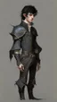 Placeholder: boy elf,he has curly, black hair and sharp cheekbones. His eyes are black. He wears fantasy medieval clothes. he is lean and tall, with pale skin, full body with boots, side view full body side profile