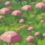 Placeholder: A grass type Pokemon walking through a field of tall and small mushrooms, tiny, made of plants, not human