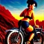 Placeholder: portrait of busty beautiful 'Female Rider on Akira Bike(1988)',aerial view,painting by Earl Norem, simon Bisley, evan lee, 86-86, oil on canvas, cinematic composition, extreme detail,fit full head inside picture,8k