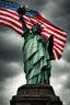 Placeholder: the statue of liberty, dress dirty and torn, her face solemn and terse, trash littered at her feet, she holds a crumpled american flag as she walks away, back to the viewer, under a dark and dreary sky
