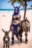 Placeholder: Tatooed electric ninja priestess beach with pet donkey