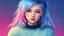 Placeholder: illustrator, anime , realistic ,sketch , 1girl, ,lip, Sweater,order, Blue gradient background, Neon hair,Textured crop, Canadian, (masterpiece,best quality)