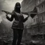 Placeholder: women, faces covered in black masks, ragged clothes, holding flag, realistic, Life Magazine photgraphy, war-torn, destroyed city in the background, 8k resolution, hyperrealistic, detailed matte painting, b&w, dynamic lighting, war, anarchy, rebels, terrorists