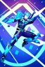 Placeholder: neon blue, flying parts of armor in form of triangles, cyber armor, geometric patterns on armor, male, orbiting triangle