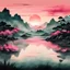 Placeholder: Rosey Pink sunset reflecting on a vast lake with sharp hills and mountains covered in lush jungle green in Chinese Style Ink Painting Art style