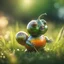 Placeholder: snail gremlin t-pose upper body of bear made from tinted murano glass in long grass inspecting a melon ,bokeh like f/0.8, tilt-shift lens 8k, high detail, smooth render, down-light, unreal engine,bokeh like f/0.8, tilt-shift lens 8k, high detail, smooth render, down-light, unreal engine