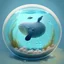 Placeholder: A cute little Sperm whale in a small circular fish tank.