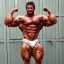 Placeholder: Male, steroid, bodybuilder, super heavy weight, massive, handsome, beautiful, front view, shredded, smile, poser face, handsome, v taper, over developed pecs, rouged, super heavy weight bodybuilder