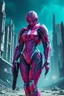Placeholder: Hyper-realistic full-body 3D surreal digital painting of a female cyber android warrior, elegant armored magenta exoskeleton, crystalline embedded weapon systems, standing in a ruined futuristic city with deep teal sky, cinematic lighting, ultra realistic textures, masterpiece, 8k