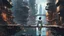 Placeholder: woman in a silver catsuit looking at a view of buildings made of reused dirty rusty metal next to a futuristic canal junction, cyberpunk, many painted colours, flying boats, balconies, bridges, shops, fifth element, ghost in the shell, altered carbon, Ian McQue a masterpiece, 8k resolution, dark fantasy concept art, by Greg Rutkowski, dynamic lighting, hyperdetailed, intricately detailed, Splash screen art, trending on Artstation, deep color, Unreal Engine, volumetric