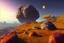 Placeholder: autumn vegetation, exoplanet in the horizon, big stones, cliff, science fiction.