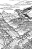 Placeholder: An eagle glides effortlessly over the immense, rugged grandeur of the Grand Canyon. The canyon's colossal depths and layered rock formations create a breathtaking backdrop for the eagle's flight, symbolizing the immense power of nature and the bird's absolute freedom..coloring book page, simple and clean line art, adult drawing book, black and white, crisp black lines, no shades, sharp lines, coloring book for adults, cartoon style, landscape