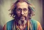 Placeholder: Hippie man in his 40s with Parisian bohemian look and glasses of colours and poor hair on the head with receding hairline. Farsightedness glasses with big eyes. Long beard. Vintage look and feel like photos of the 70s