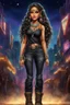 Placeholder: Create a digital airbrush cartoon of an native american female wearing a black jean outfit with timberland boots. Prominent make up with hazel eyes. She is wearing large diamond hoop earrings. Extremely highly detailed very long curly hair that shines. Background of a night club.