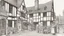 Placeholder: A Paved Courtyard, With Tudor Gothic Houses, Tall Chimneys, Crooked Roofs, a small stream, People, Shops,