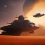 Placeholder: volumetric desert environment, Ralph McQuarrie style painting of an armored hovercraft with gun, floating in the air, highly detailed, renderman, duststorm at sunrise, cockpit glass is metallic blue