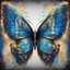 Placeholder: Angel's Wing Butterfly wings of vivid blues with wing patterns and outlined with intense gold flying in the heavens, in graffiti portrait art style