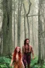 Placeholder: Deux personnes marchent dans magnifique forêt fantaisie décor mystique, Jeune homme grand musclé cheveux très longs bruns bouclés en queue de cheval, habillé en bûcheron, jeune femme petite fine magnifique cheveux longs roux, couleurs vibrantes, hyper réaliste