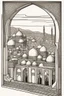 Placeholder: Fenster Ausblick auf persische Stadt aus 1001 Nacht gerade Perspektive thin lines draw style