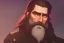 Placeholder: Other worldly boisterous braided long haired bearded tall middle-aged man wearing gold rings and rugged long fur trimmed merchant's coat, dark background, dynamic lighting, full body character design, glowing eyes