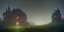 Placeholder: Ruined overgrown small castle in a dense coniferous forest, dynamic lighting, night, misty