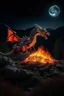 Placeholder: Whole dragon made of fire on a rocky landscpe with a full moon