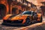 Placeholder: SUPER FUTURISTIC SPORT CAR, orange AND BLACK MATE PAINT AND DETAILS, 3/4 VIEW ANGLE, SHINNING detail of PAINT intricate detailed extremely epic athmospheric costume and ancient roman hyperrealistic background full body portrait art, EPIC STREET BACKGROUND, volks wagen INFLUENCED