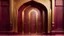 Placeholder: Hyper Realistic Photographic-View Of A Fancy Door Of A Maroon-Mosque-Door-with-beautifully-detailed-golden-Islamic-Architctural-design showing dramatic & cinematic ambiance.