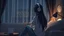 Placeholder: dark 3d anime style, close up in the foreground back to the camera a woman sitting on sofa with her knees pulled to her chest.. in comfortable t-shirt and jeans clothes.. her is normal body not too thin,,Her face is not visible at all. She long dark hair partially covering the side of her head. a headphones on her head and near a table with one mug and a mobilphone on table, heavy dark courtains covers window suggesting to shut out the outside world. She is facing the window,