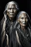 Placeholder: a photo of an Native american indian man and woman with ethnic jewelry, grey hair and grey flowing robe, in style of Annie Leibovitz, contemporary portrait of a mature yet beautiful and modernist, black and grey, detailed face, swirling fluid smokey enigma, award-winning artwork