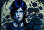 Placeholder: Gothic portrait of a young woman in the style of Arthur Rackham and Norman Rockwell. She has dark blackish blue hair and there are blueberry plants around her. Piercing blue eyes. Steampunk Wednesday Adams