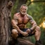 Placeholder: close up photography of an angry 58 years old seated on a tree trunk in the wood, burly strong beefy muscular , big shoulders, manly chest, bulging hunter trouser , shirtless, hairy , golden hour, tatoo, 35mm lens, f/1.8, accent lighting, global illumination, frontal view from the ground