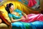 Placeholder: oriental woman lying on a pillow painting neoclassism bright colors zoom out realistic whole body