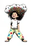 Placeholder: Whimsical stylized illustration of a cute toddler girl with an enormous, chaotic cloud of frizzy curly hair, scribbly hair textures with colorful tiny flowers tucked in, head tilted back with a smug mischievous grin and closed eyes. She is in a dynamic, playful wide-legged stance, leaning low to one side with one hand on her knee. Wearing an oversized white t-shirt and baggy cream pants featuring large, bold retro 70s floral patterns in blue, red, and yellow. BING