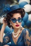 Placeholder: full body beautiful girl, elegant blue lace clothes of the 80s, luxury style, small elegant hat with feather, hair of the 80s, pearl necklace, earrings masterful, beautiful face