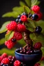 Placeholder: closeup creative bonsai tree with raspberries, blueberries, red currants, blue and pink flowers