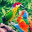 Placeholder: The embodiment of summer is a beautiful exotic birds fly, the face is beautiful, the atmosphere of the scene is uplifting and dynamic, Summer cinematic, the colors are green dark, red, orange and touches of blue