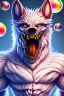 Placeholder: Muscular cotton candy werewolf made of candies and lollipops, sharp teeth, monstrous face, staring at you, drooling