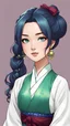 Placeholder: Maomao in manga series The Apothecary Diaries. Light skin, Dark green hair, blue eyes, two low ponytails, which she drapes over her shoulders and ties with decorative beads, Half-up hairstyle with a blue bow keeping the upper section in a messy bun. wear aoqun hanfu with a light green top and a long, burgundy skirt. inner layer of her top is white and the collar is pale and dark green. dark green flats. A light blue ribbon holds her hair back. highly detailed, dynamic lighting,realism photograph