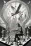 Placeholder: news paper journalist harlequin playing burning chess geese reptiles on racing field with twisted ladders in a confused look on his face in front of a huge glass prism clock with angels, in the style of Escher