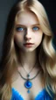 Placeholder: bleu dress , Age 22, girl, white Complexion, light brown eyes, almond eyes shape, long hair, blonde silky hair, square face, button nose,bleu evil eye necklace