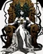 Placeholder: full-length, detailed persona, sword in hand, gorgon medusa, sitting on a throne in a relaxed pose