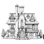 Placeholder: A detailed ink illustration of a front elevation of a fantasy house, with a tall chimney, rooms and floors added to the sides and roofs.